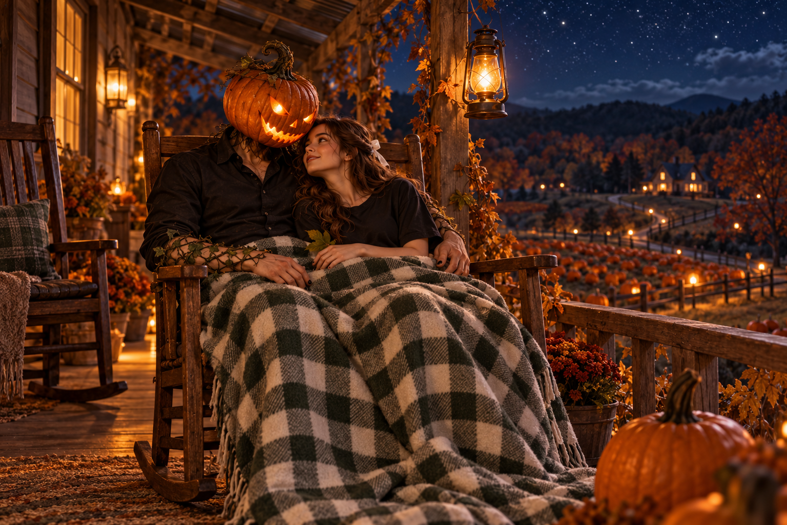 Isabelle and the pumpkin-headed phantom cuddle beneath a checked blanket on a farmhouse rocking chair under the stars.