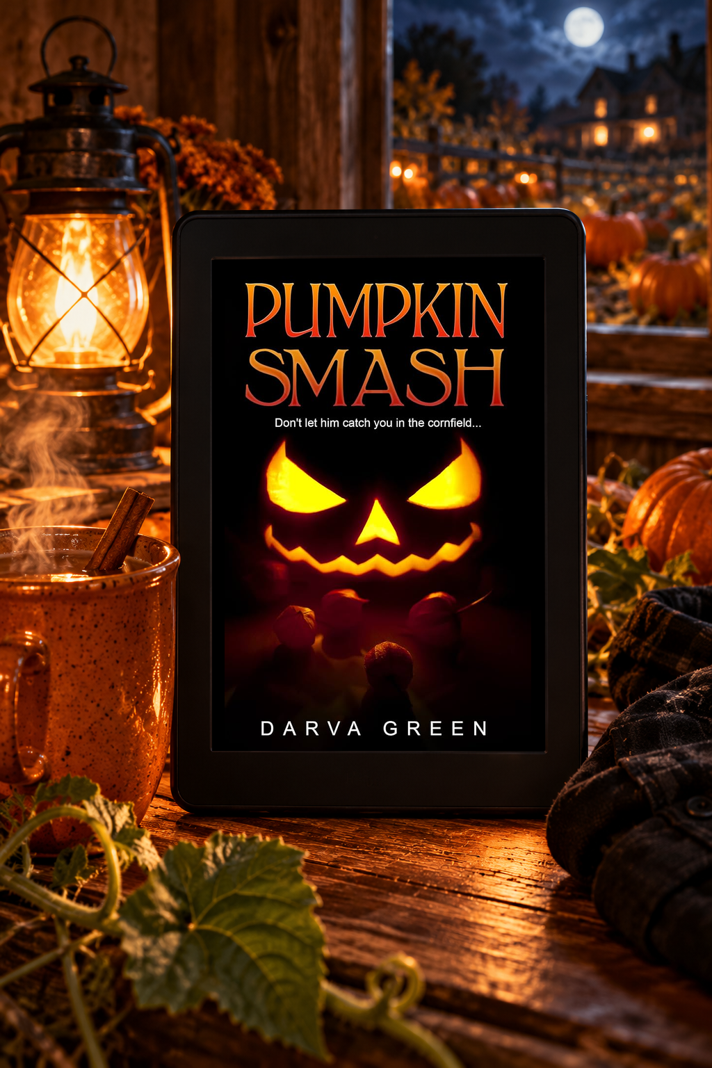 A Kindle displays the Pumpkin Smash cover beside warm cider and a folded black shirt.