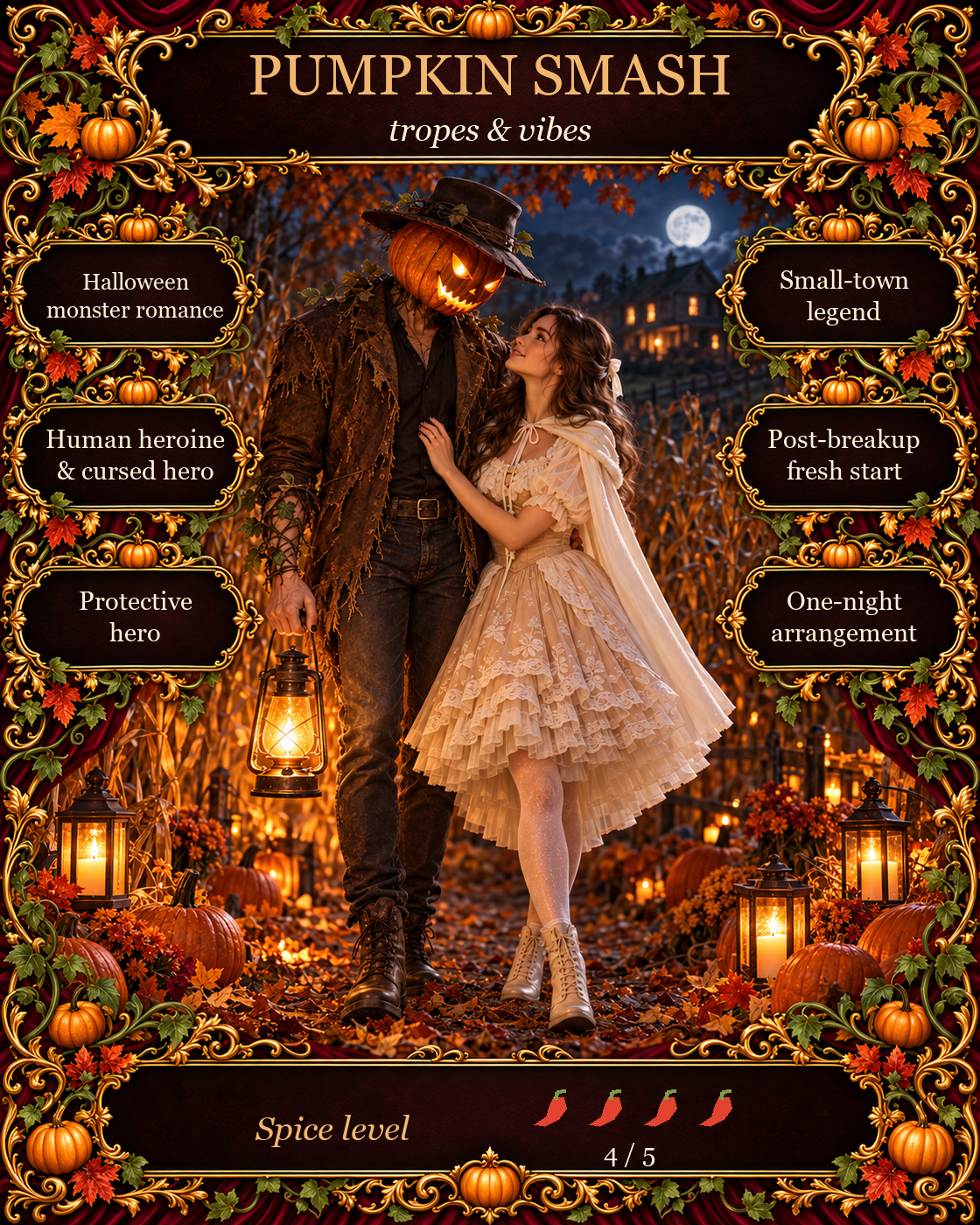 Ornate autumn graphic lists Pumpkin Smash tropes around Isabelle and the phantom, with a four-chilli rating.