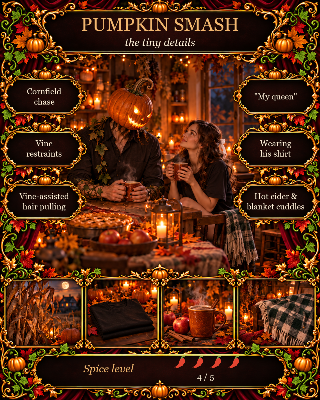 Ornate Pumpkin Smash graphic lists the cornfield chase, vine restraints, hair pulling, queen pet name, borrowed shirt, cider and blanket cuddles.