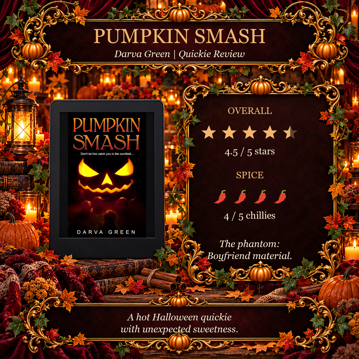 Pumpkin Smash review card with its actual cover, four and a half stars and four chillies.