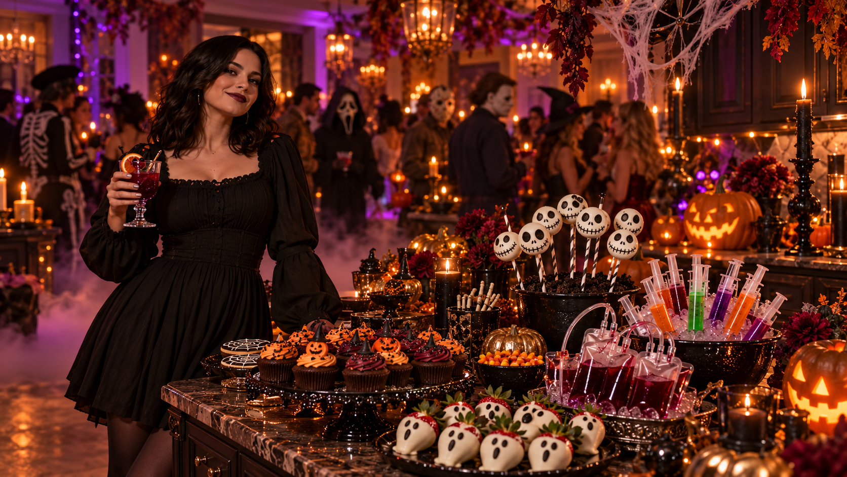 Illustration of the Salem Halloween party, with ghost strawberries, cupcakes and colourful jelly shots.