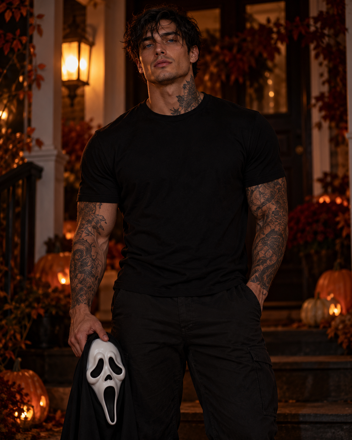 Black-haired, blue-eyed Ghost, with neck and arm tattoos, holding his Ghostface mask.