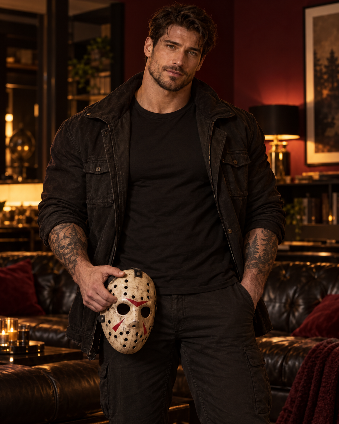Brown-haired, hazel-eyed Jason holding his hockey mask beside a black leather sofa.