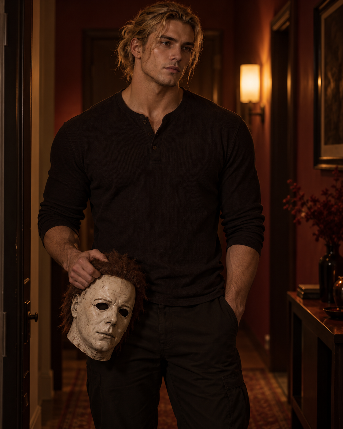 Blond, brown-eyed Michael with loosely tied-back hair, holding his Michael Myers mask.