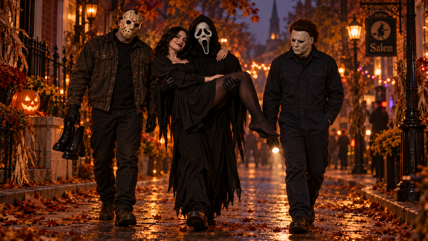 Ghost carries Quinn, Jason takes her shoes and Michael lights the path on a Salem street.