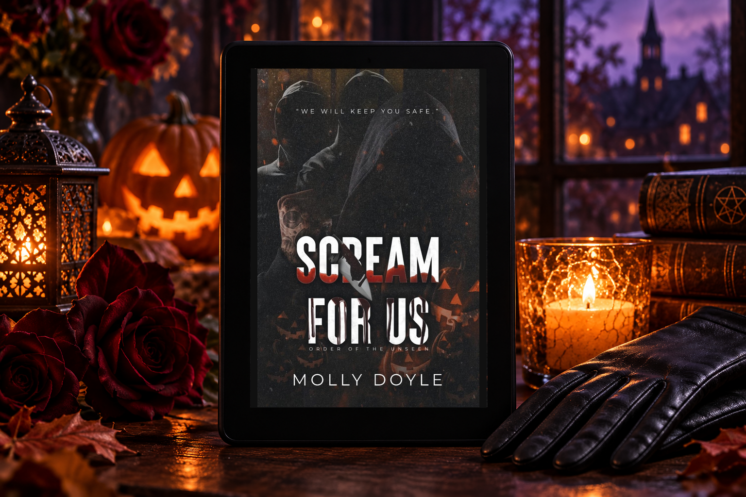 The supplied Scream for Us cover on an e-reader among pumpkins and candlelight.