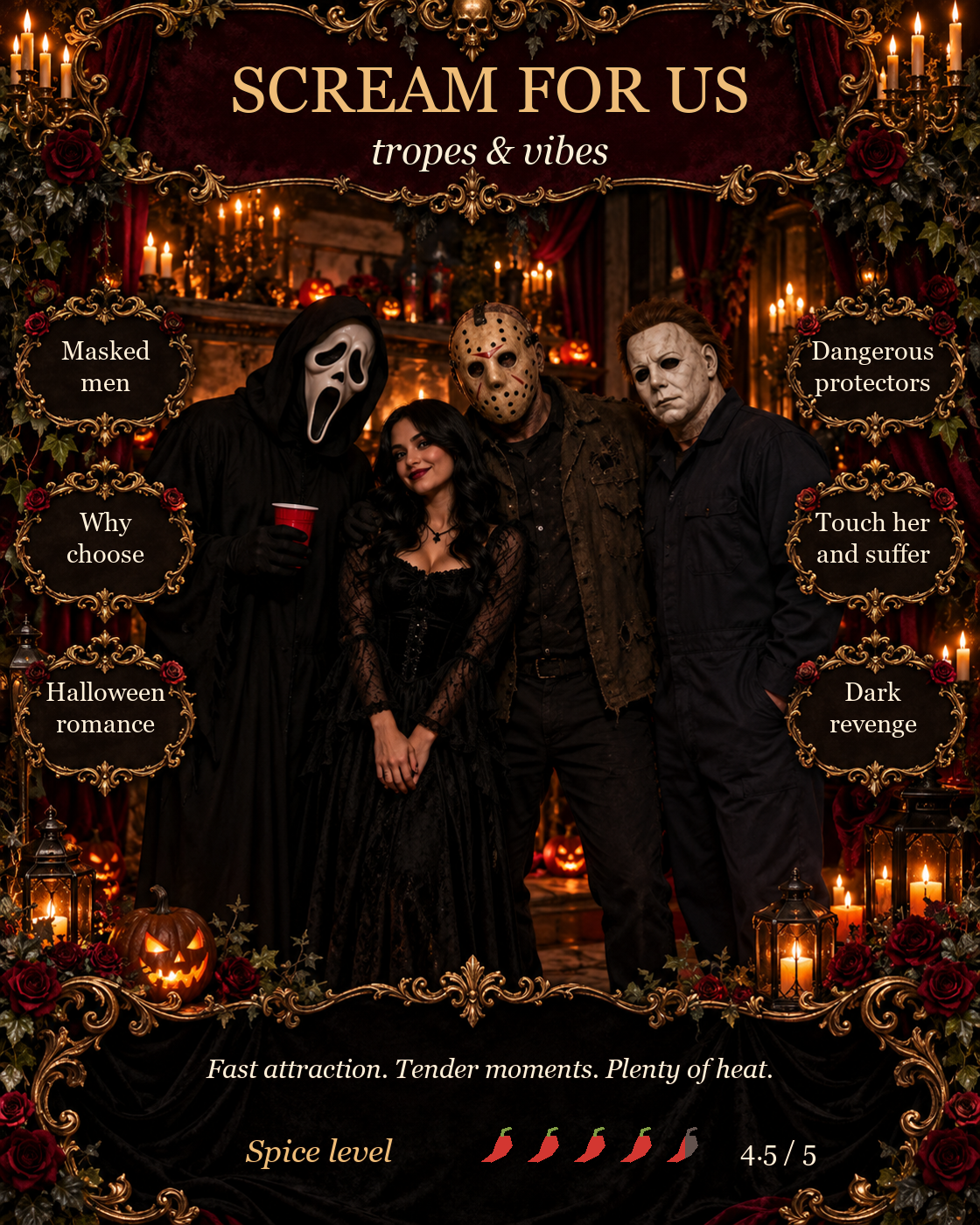 Ornate Scream for Us trope graphic: masked men, why choose, Halloween, dangerous protectors and dark revenge.