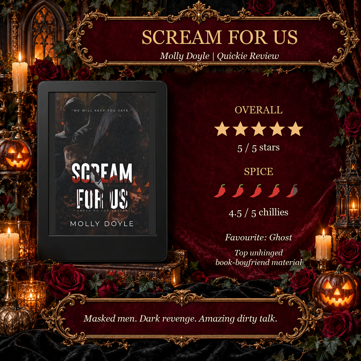 Scream for Us Quickie Review card: five stars, four and a half chillies, favourite Ghost.