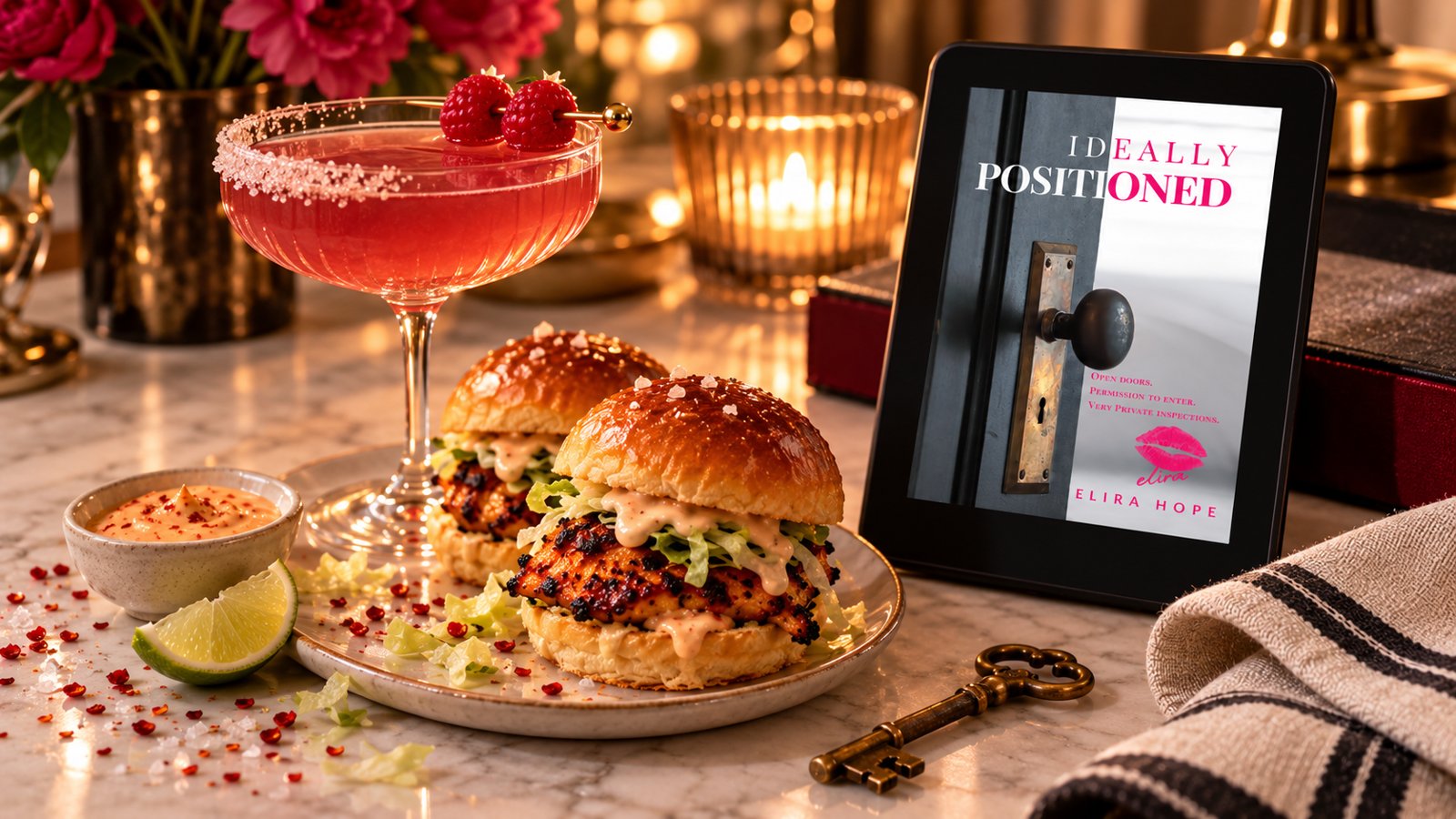 A pink raspberry cocktail and peri-peri chicken sliders on a candlelit reading-night table