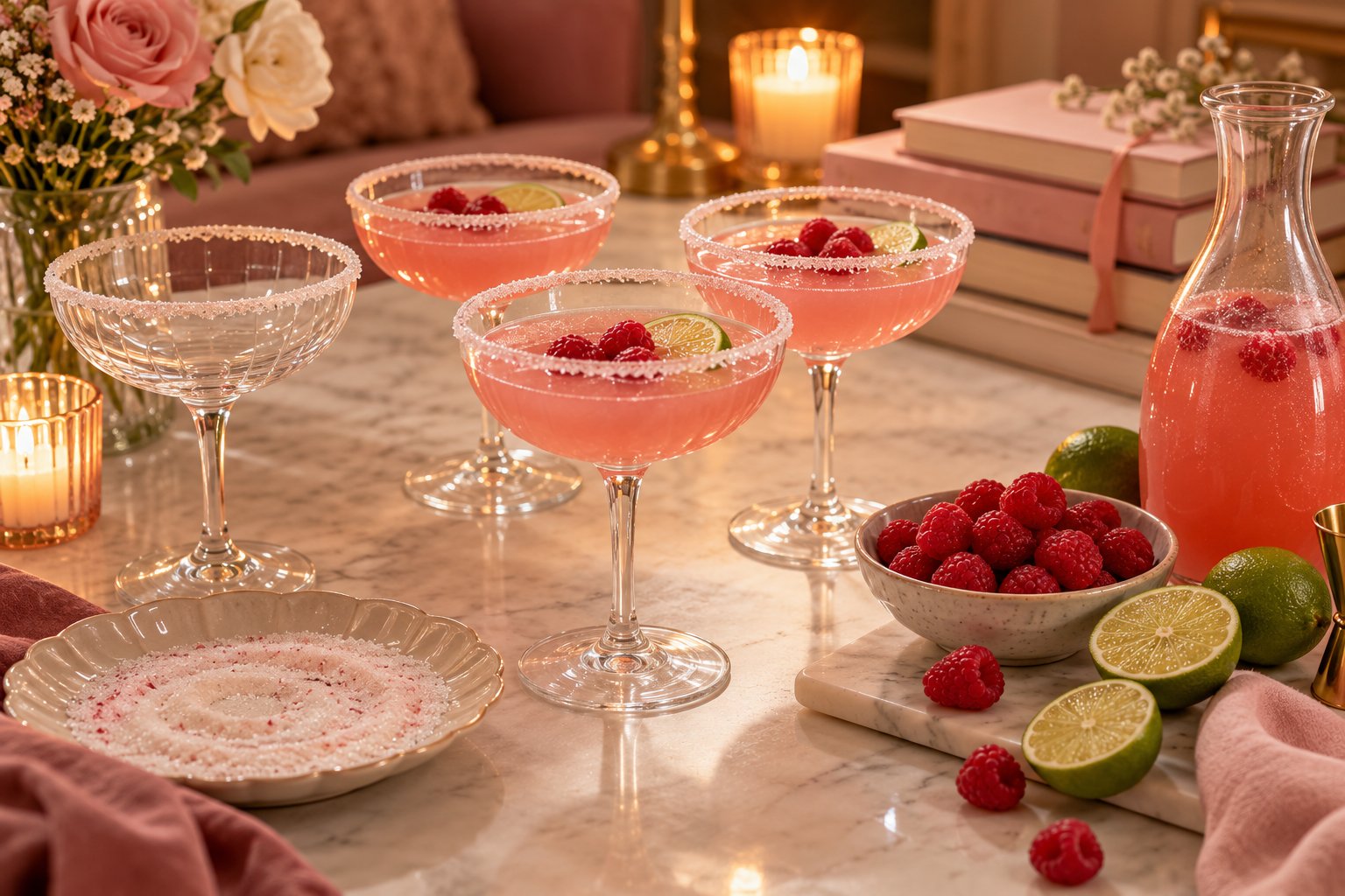A raspberry lime mocktail on a book club tabletop