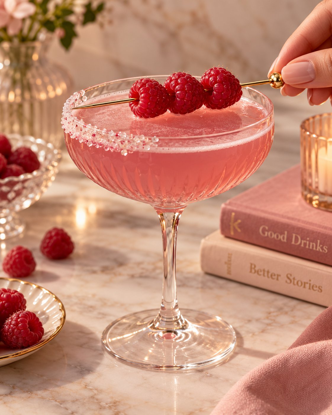 The finished Second Viewing mocktail with a half sugar rim and raspberry garnish