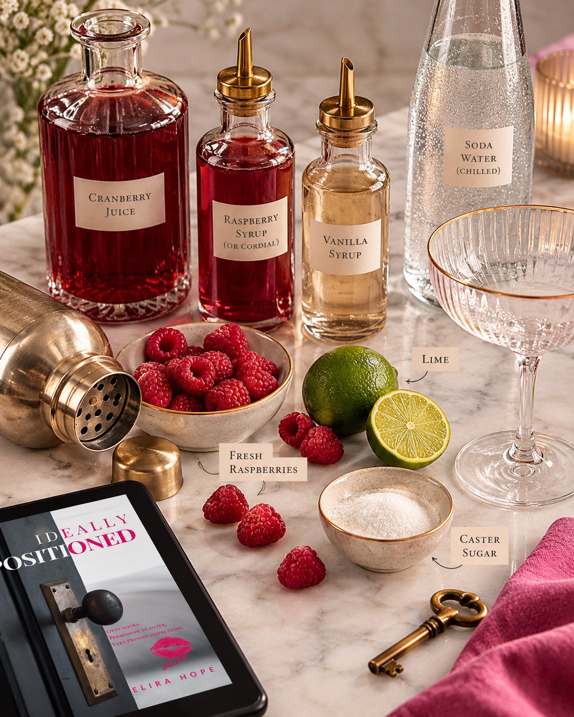 Flat lay of the raspberry lime mocktail ingredients