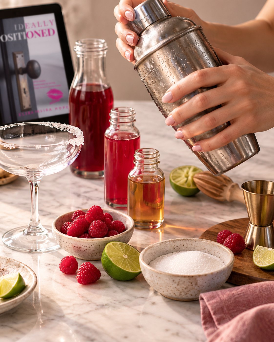 Shaking the raspberry lime mocktail with ice
