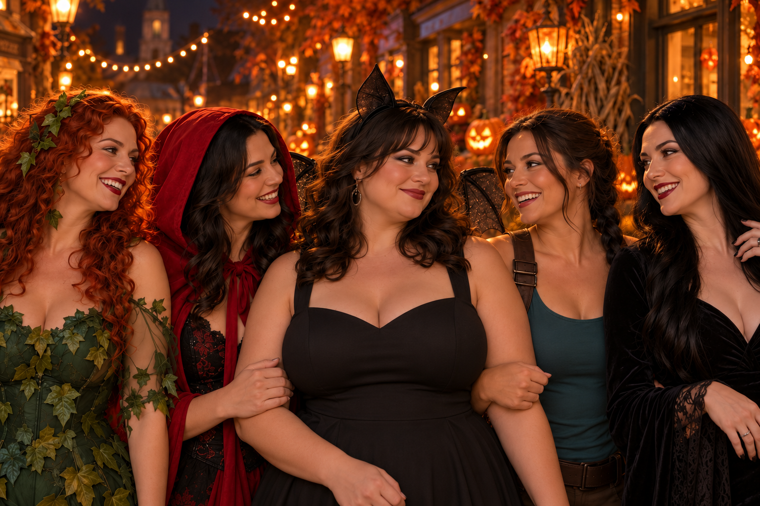 Five adult friends in bat, Red Riding Hood, Poison Ivy, Lara Croft and Morticia costumes walk through a warmly decorated Halloween street.