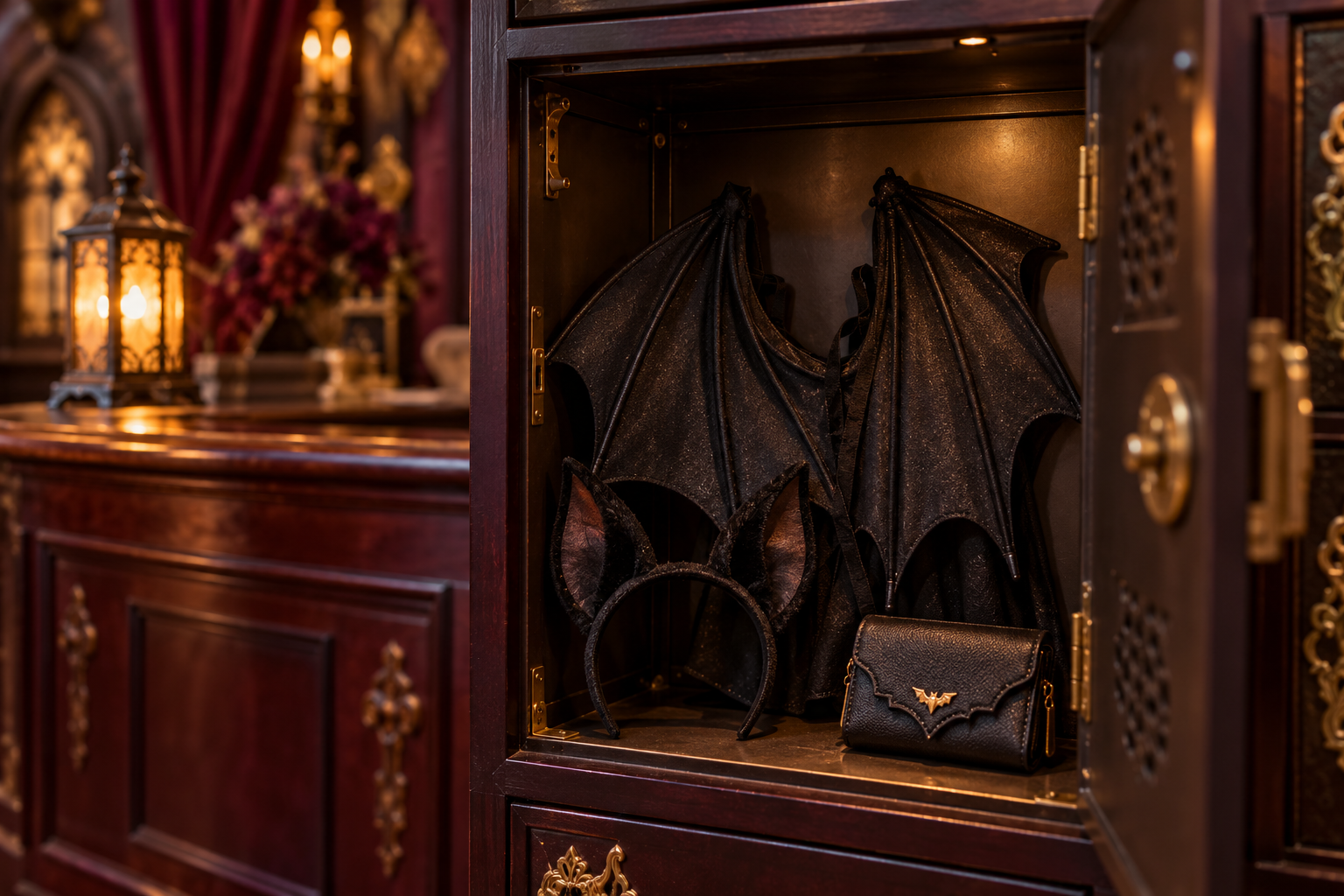 Black costume bat wings, a bat-ear headband and a mini wallet rest inside an open customer locker.
