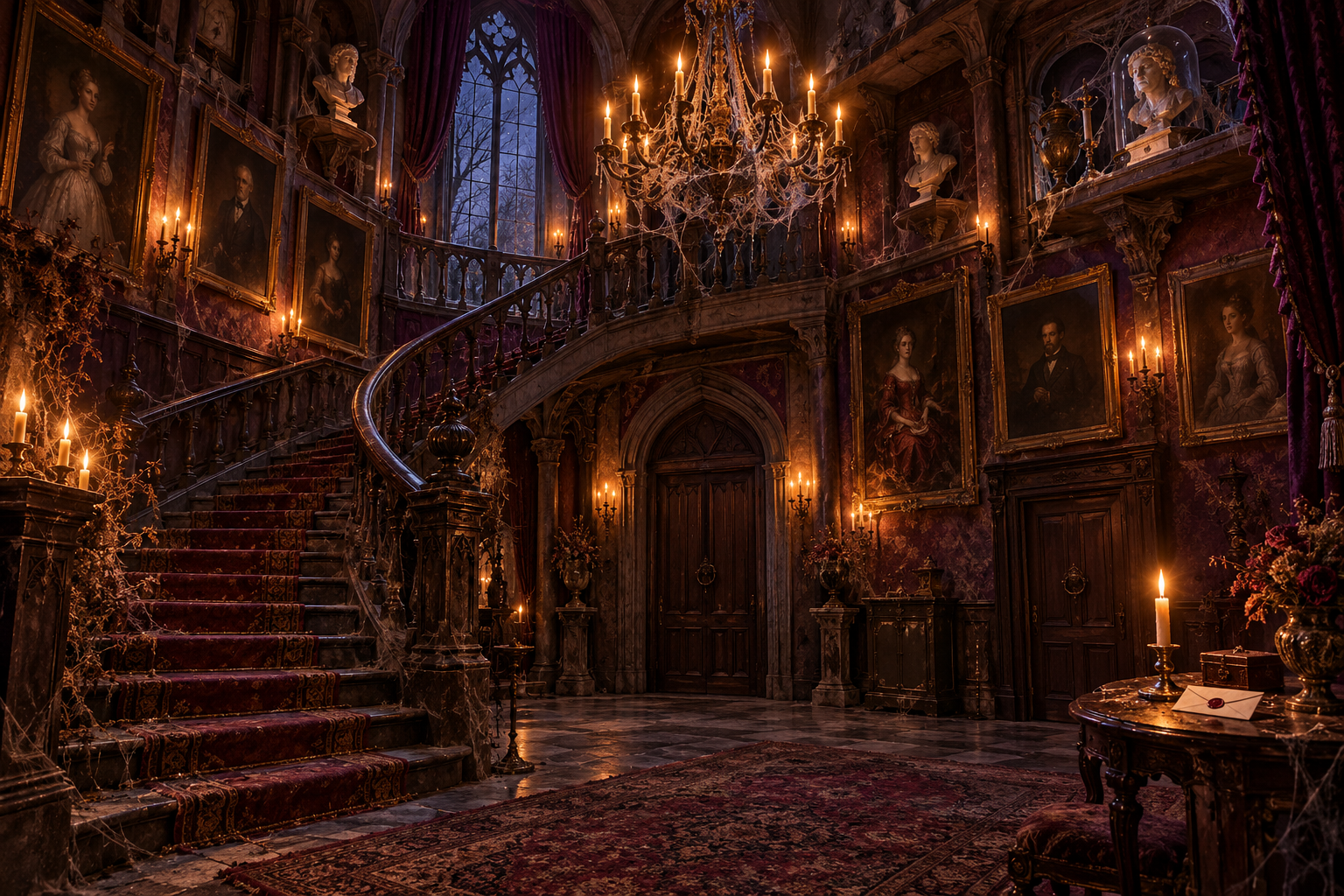 An elaborate gothic escape-room foyer contains a cobwebbed chandelier, portraits, busts and broken stairs.