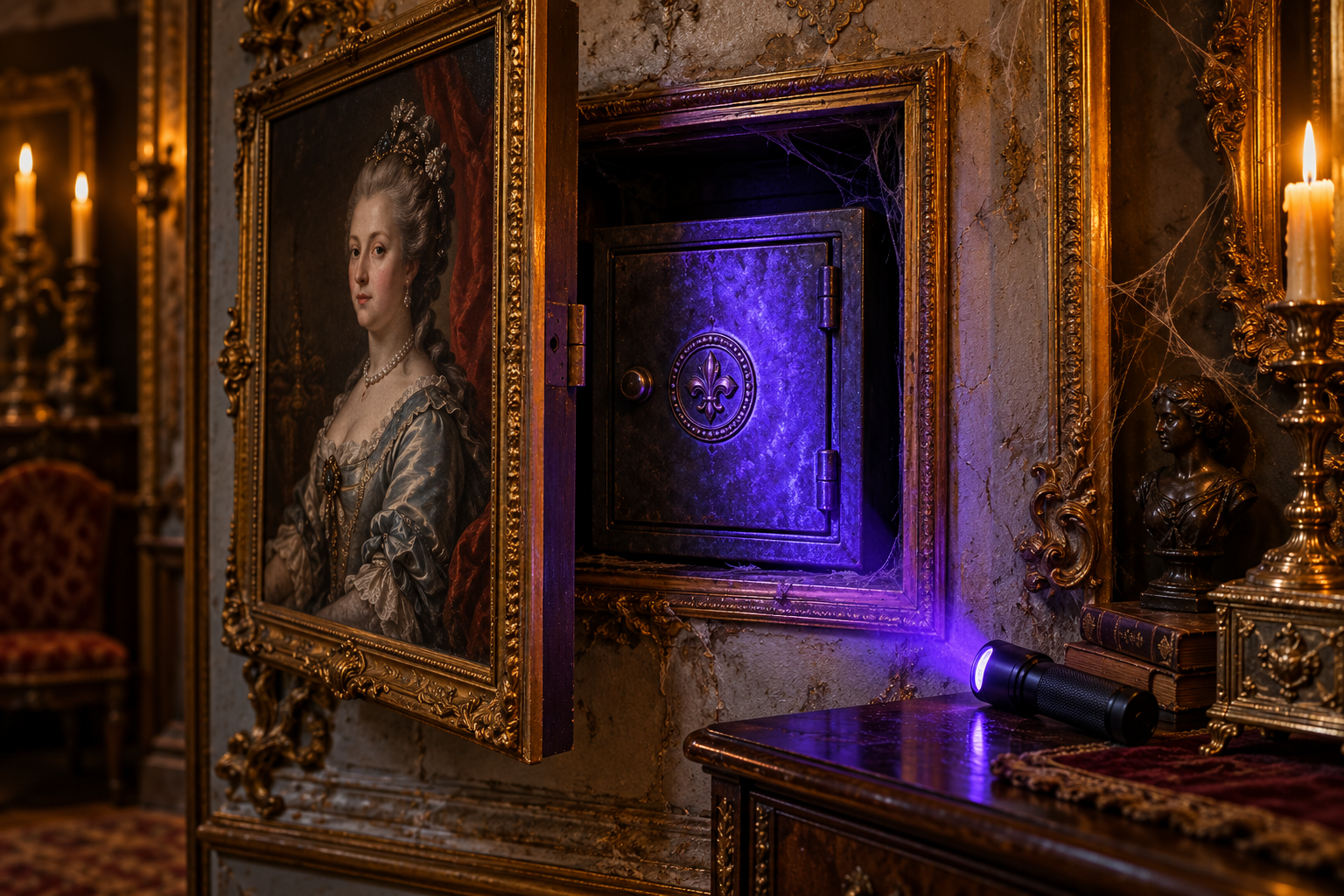 An ornate portrait opens to reveal a locked safe, lit by purple blacklight beside a candlelit table.