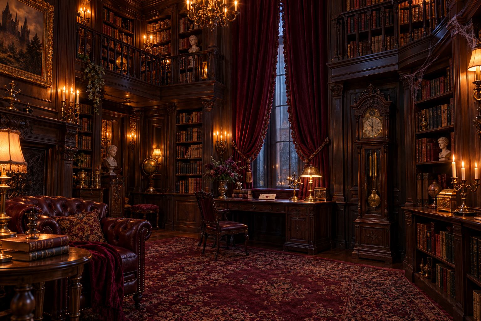 A two-storey dark-wood library escape-room set has merlot curtains, a writing desk, sealed envelope and grandfather clock.
