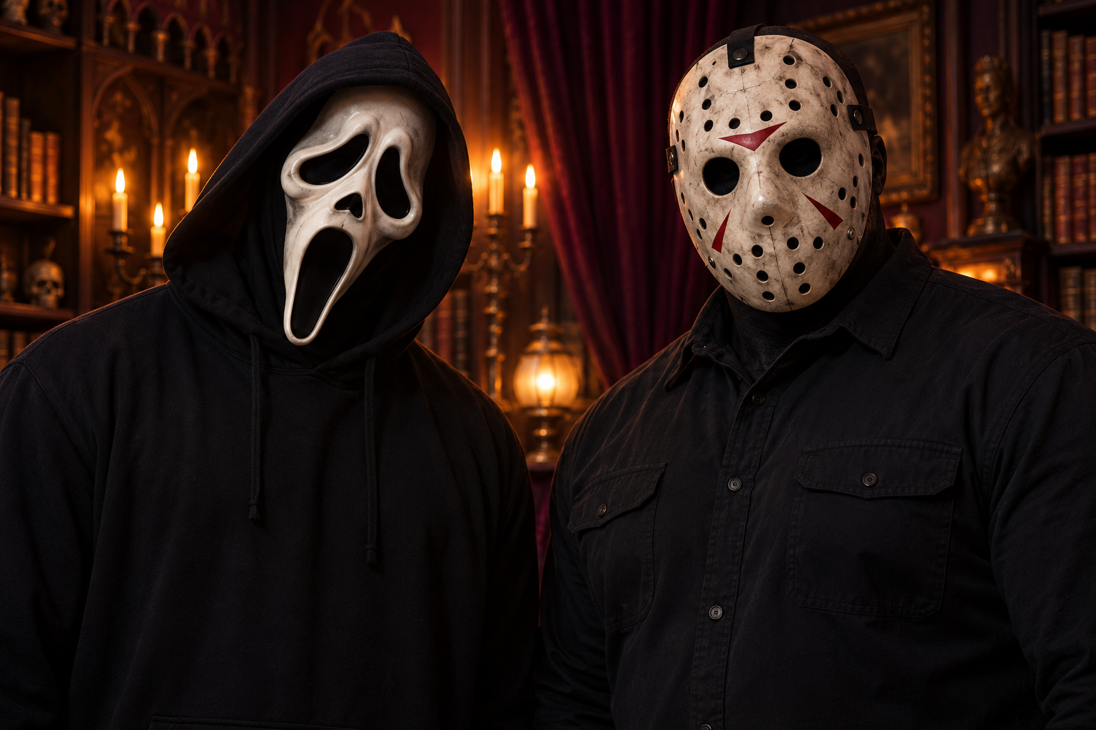 Two large adult men wear a Ghostface mask with black hood and a Jason hockey mask in a warmly lit gothic library.