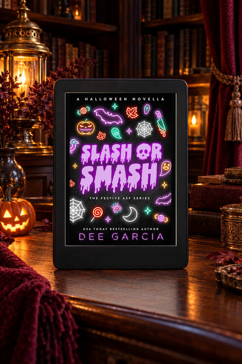 The original neon Slash or Smash cover appears intact on a black Kindle beside a lantern and pumpkin in a gothic library.