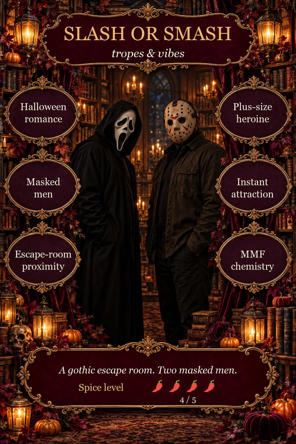 Slash or Smash tropes include Halloween romance, masked men, escape-room proximity, a plus-size heroine, instant attraction and MMF chemistry.
