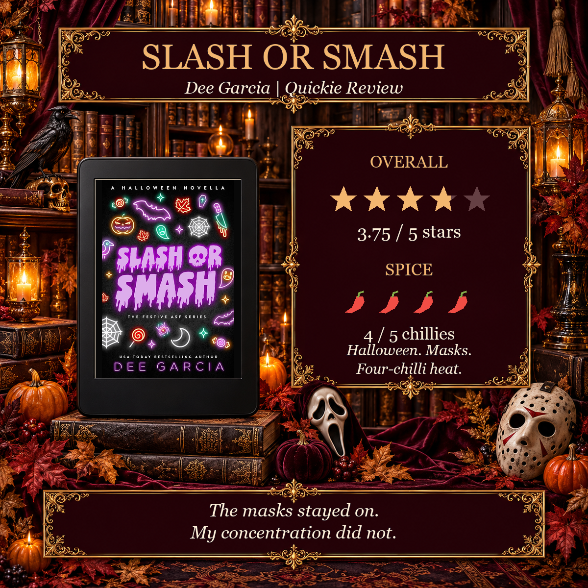 Slash or Smash by Dee Garcia Quickie Review card shows 3.75 out of five stars and four out of five chillies beside the original cover on a Kindle.
