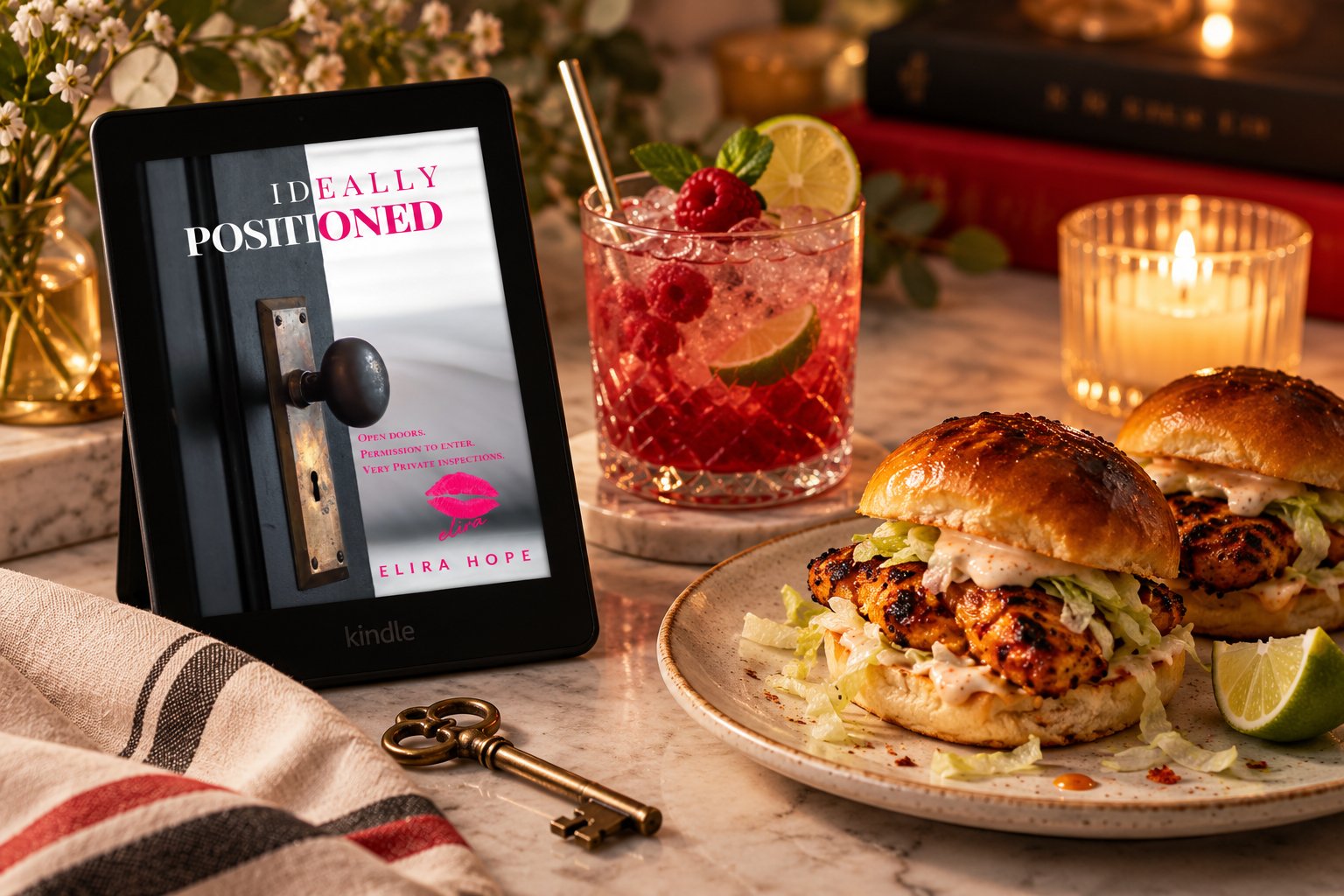 Peri-peri chicken sliders served beside a cold raspberry lime drink