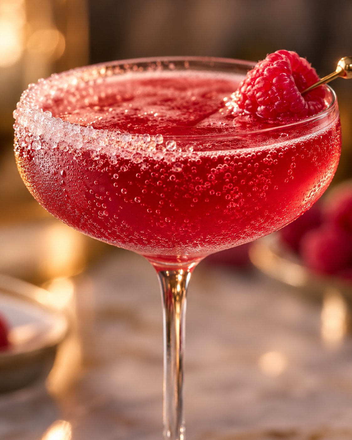 A sparkling raspberry lime mocktail in a coupe glass with raspberries on top