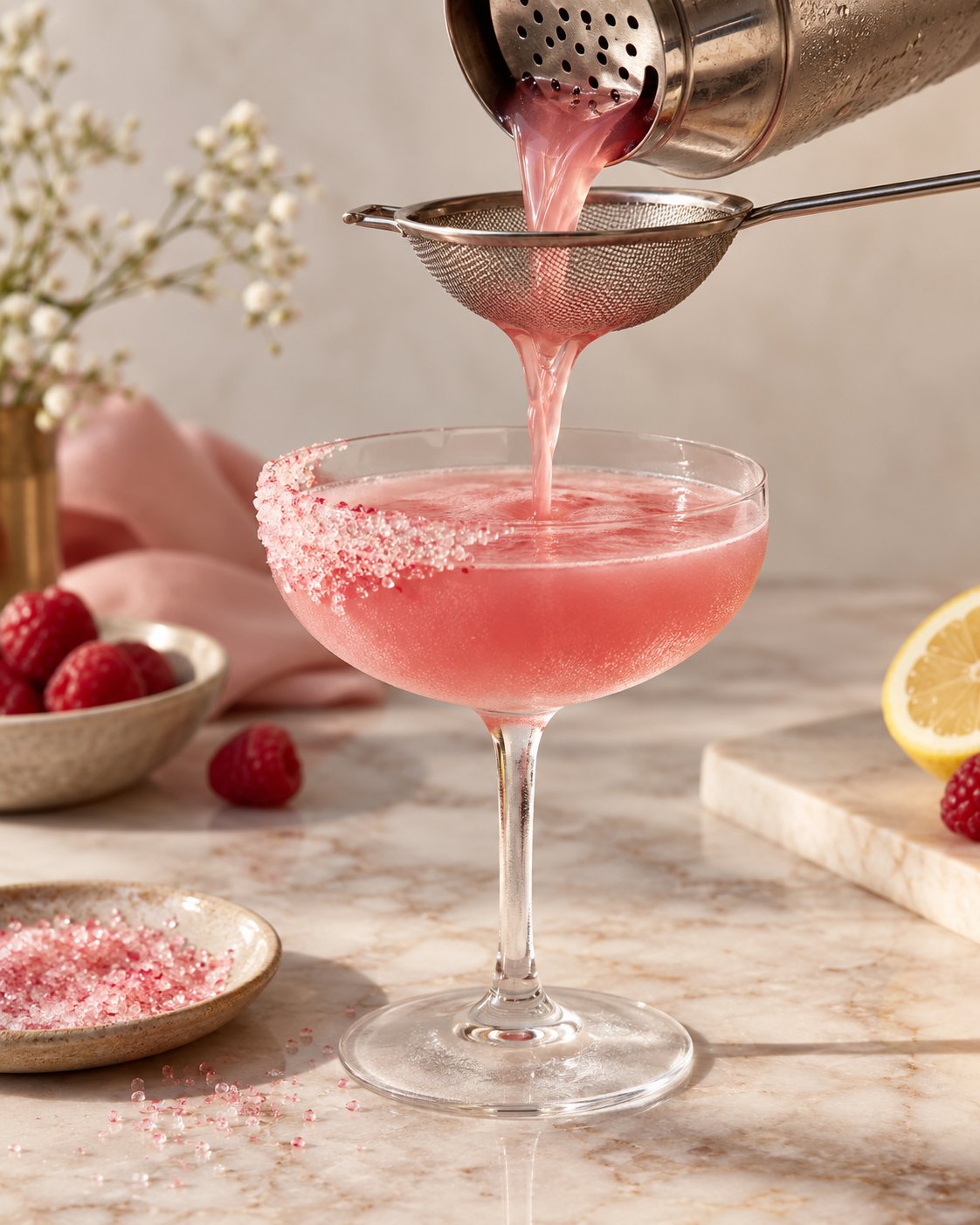 Straining the pink raspberry lime mocktail into a sugar-rimmed coupe