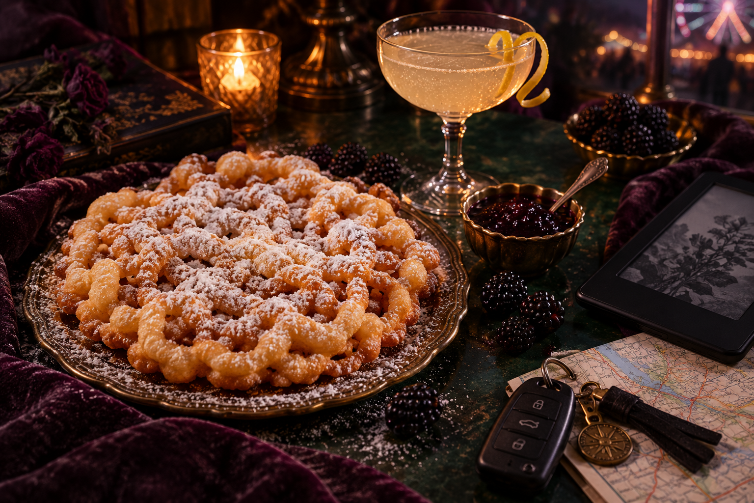A funnel cake on a brass plate beside a French 75, a dish of blackberries, car keys and a road map, with fairground lights behind