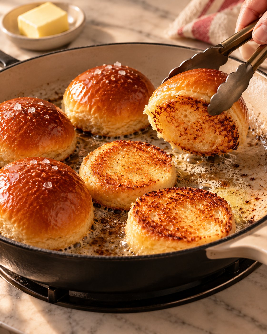 Mini brioche slider buns toasting golden in butter