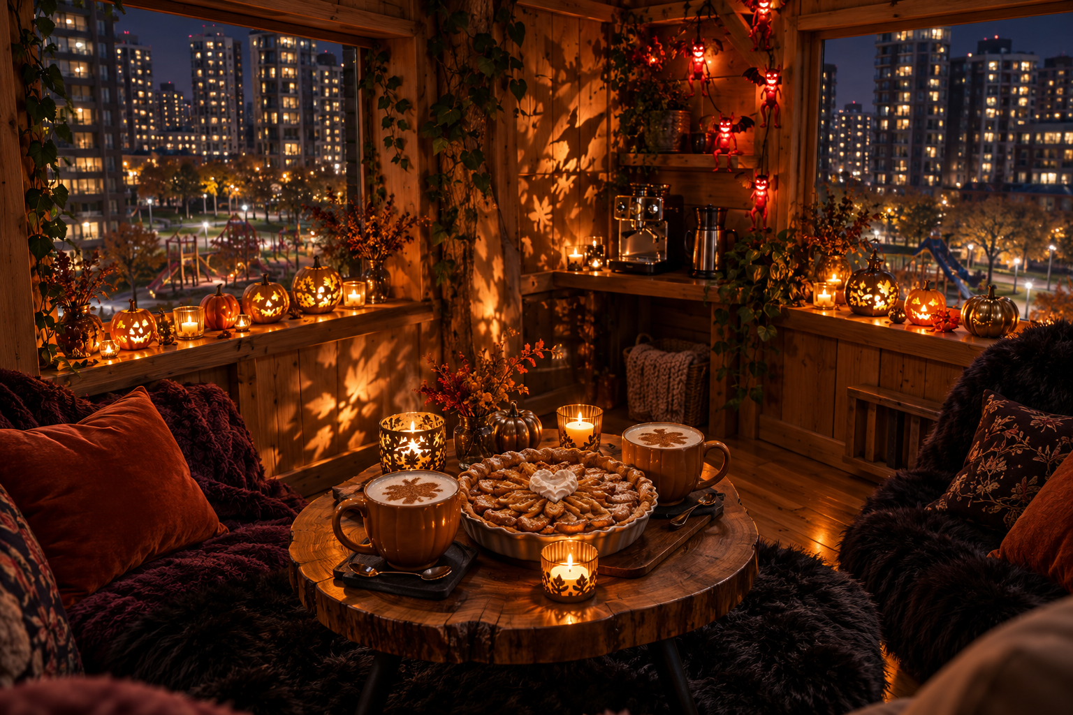 The enchanted treehouse: candlelight, little pumpkins, red demon fairy lights, coffee and pie above the city playground.