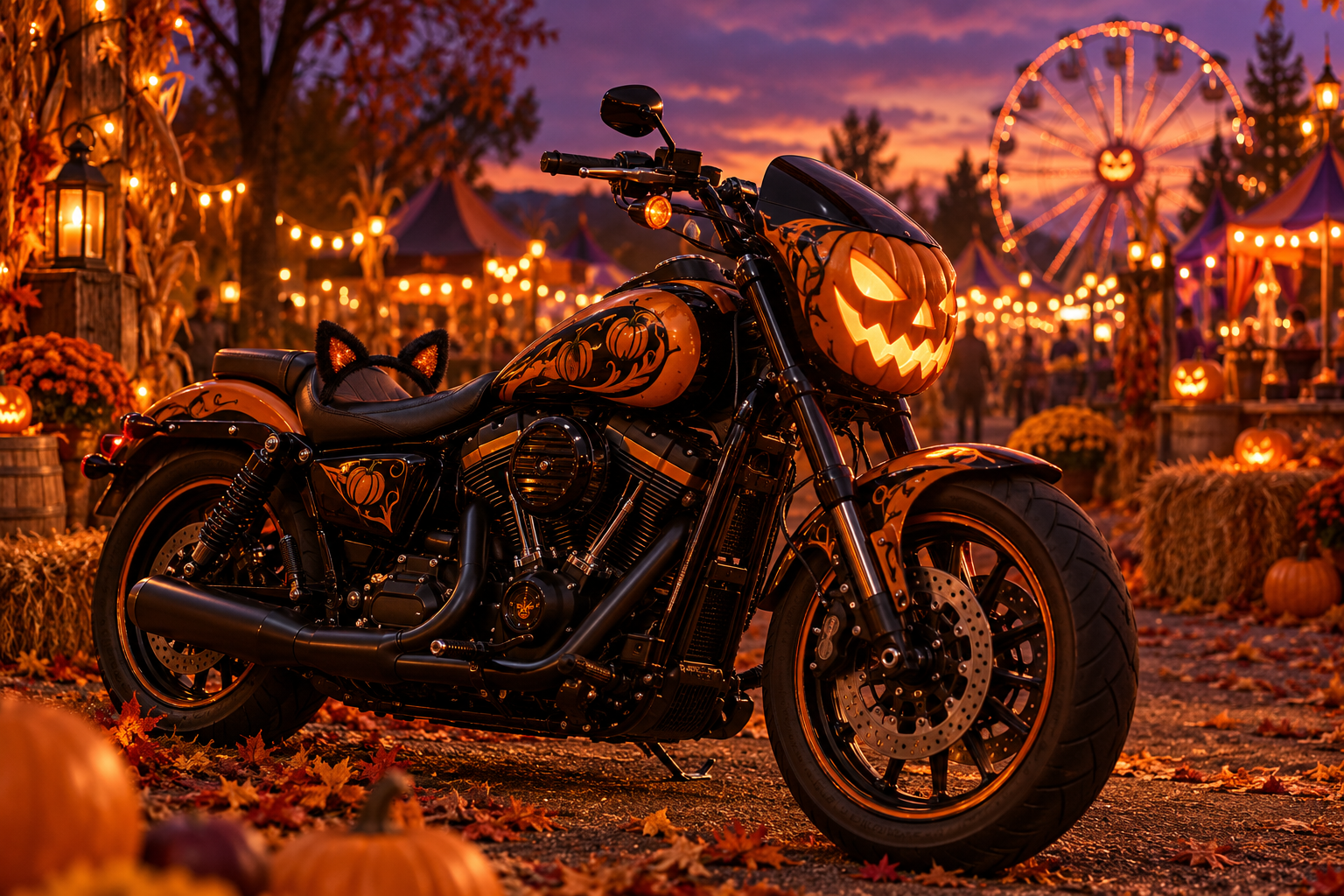 A pumpkin-themed motorbike at a glowing Halloween festival.