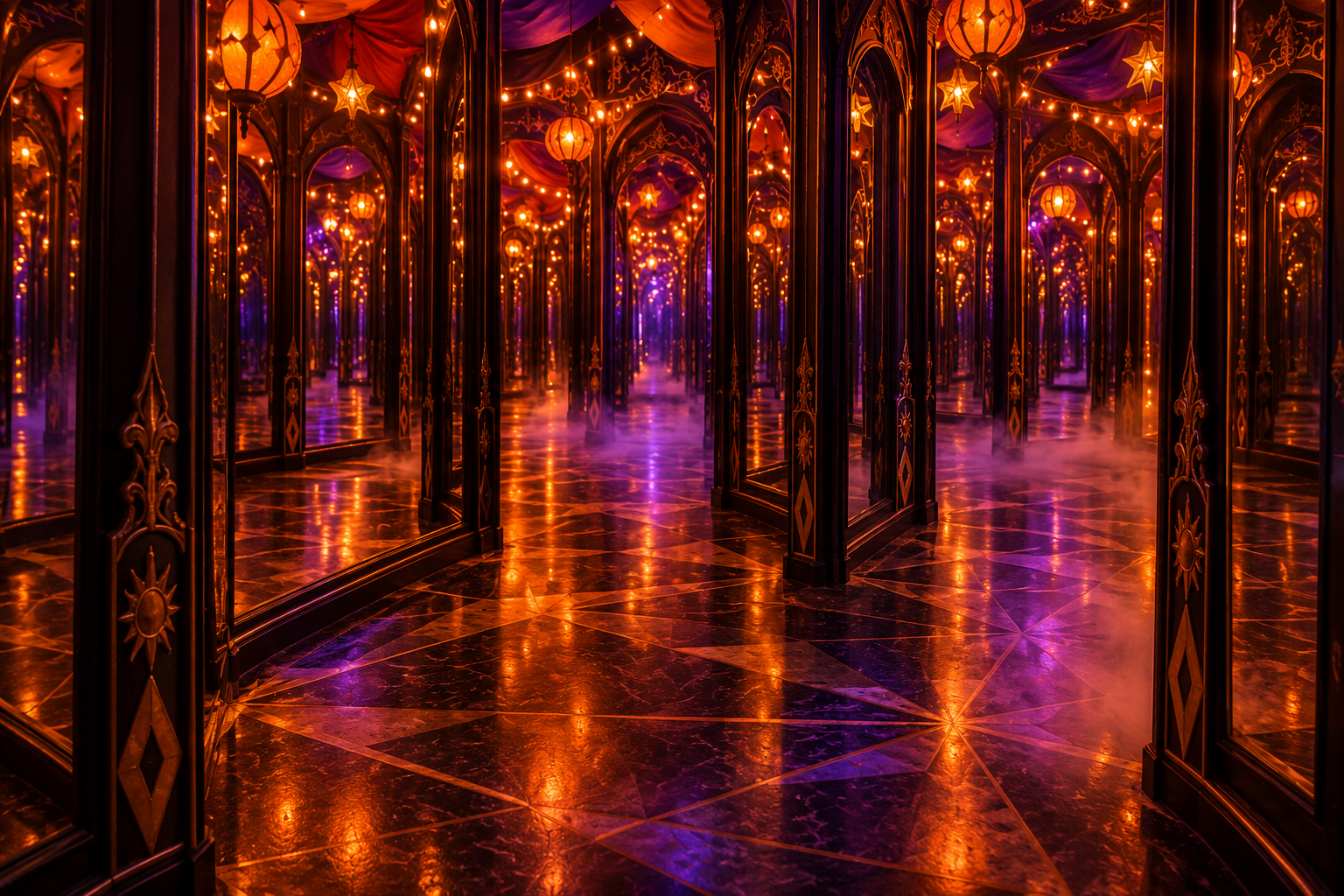 Orange and violet light fills a Halloween mirror maze.