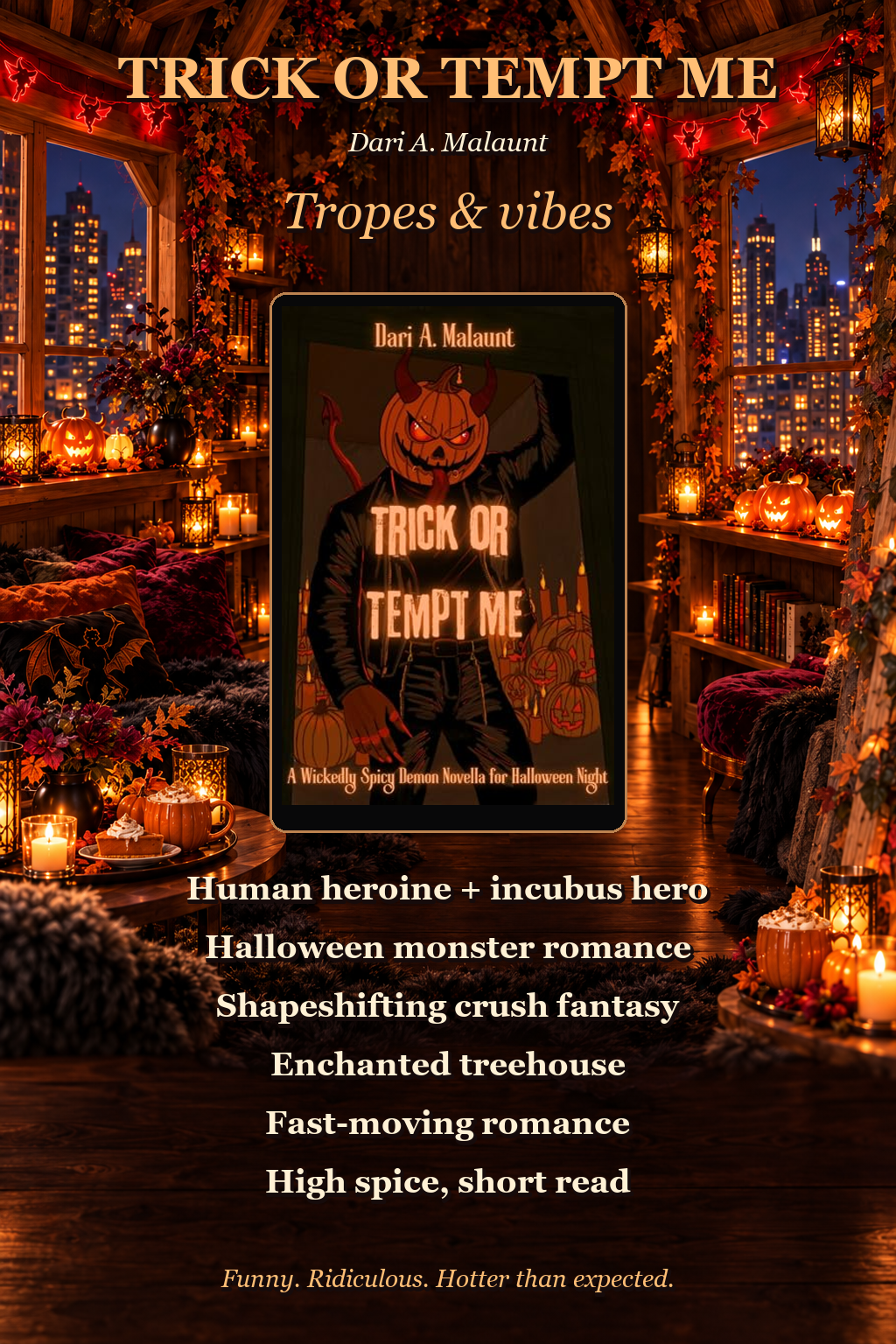 Trick or Tempt Me tropes: human and incubus romance, Halloween, shapeshifting, enchanted treehouse, fast-moving romance and high spice.