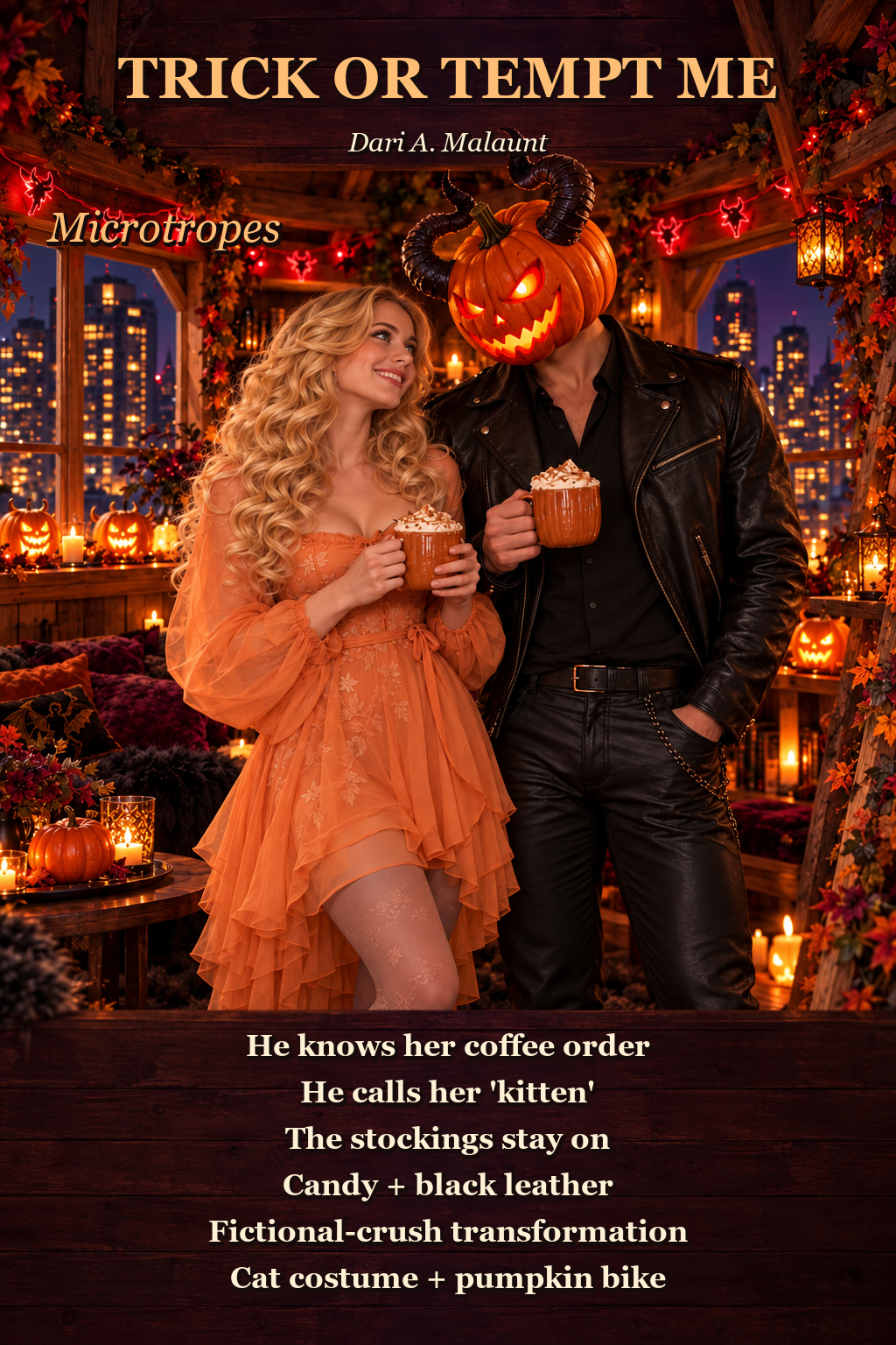 Aurora and pumpkin-masked Shai with the microtropes: coffee order, kitten, stockings, candy and leather, transformation and pumpkin bike.