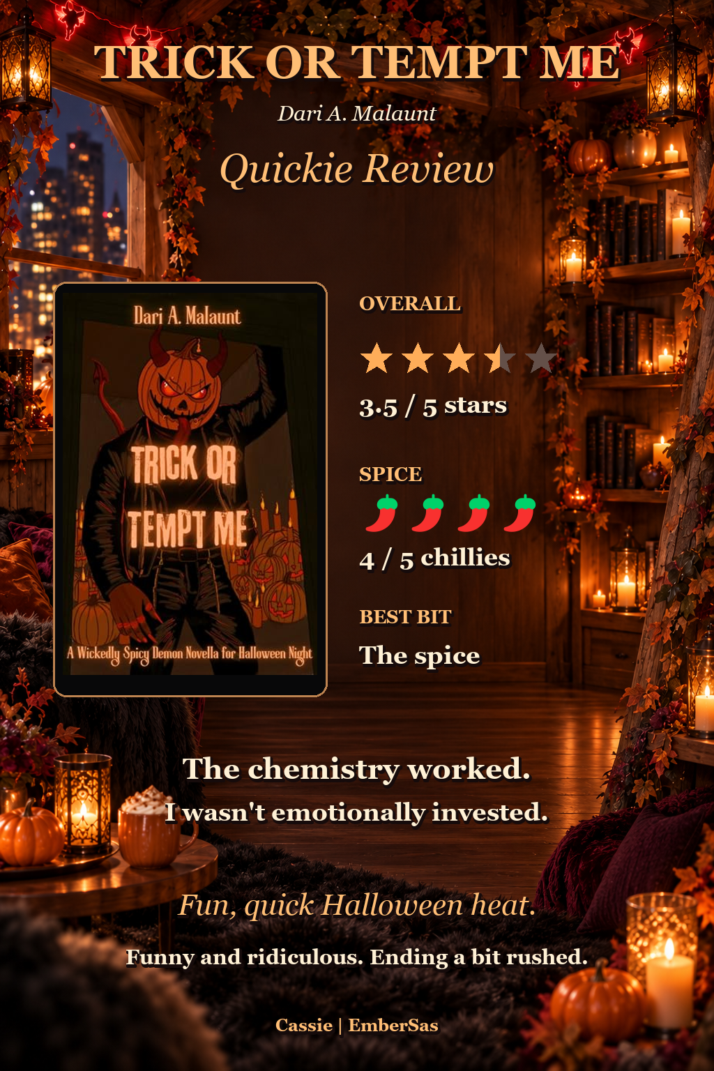 Quickie Review: Trick or Tempt Me by Dari A. Malaunt, 3.5 stars and four chillies. Fun, funny and spicy, with a rushed ending.