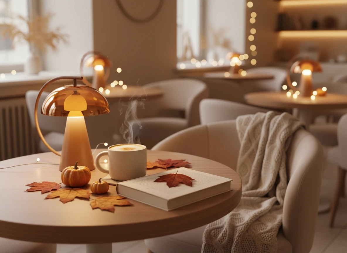 A cosy reading nook with coffee, books and warm lamplight